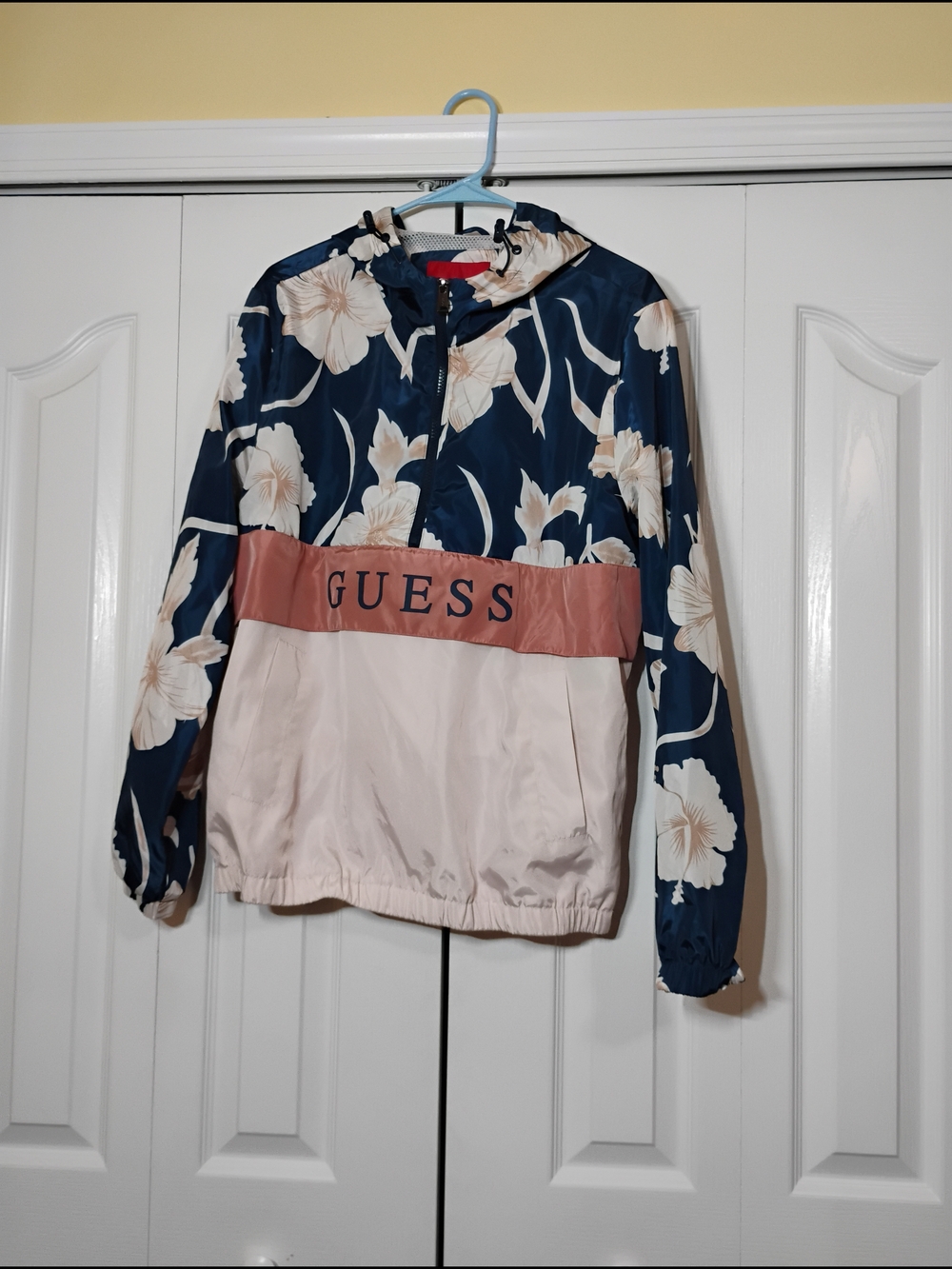 GUESS Navy Floral & Blush Colorblock Windbreaker Jacket